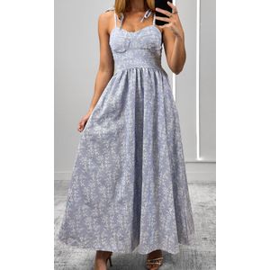 Vestido Godê Bordado Ramos - Azul Médio