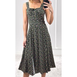 Vestido Decote Amarração Liberty - Preto/Amarelo/Rosa