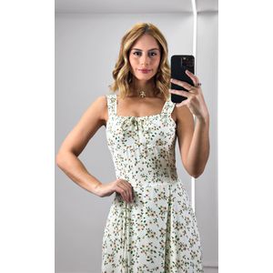 Vestido Decote Amarração Liberty - Off/Verde