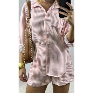 Conjunto Listrado Camisa e Short - Off/Rosa Blush
