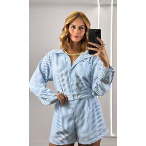 Conjunto Listrado Camisa e Short - Off/Azul Candy