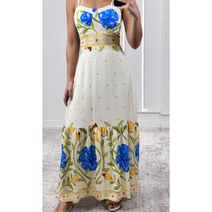 Vestido Decote Coração Estampado - Bege/Amarelo/Azul
