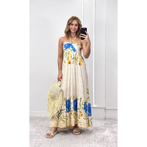 Vestido Decote Franzido Estampado - Bege/Amarelo/Azul