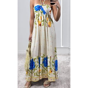 Vestido Decote Franzido Estampado - Bege/Amarelo/Azul