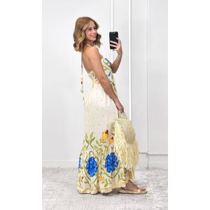 Vestido Decote Franzido Estampado - Bege/Amarelo/Azul