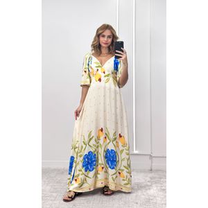 Vestido Manga Estampado - Bege/Amarelo/Azul