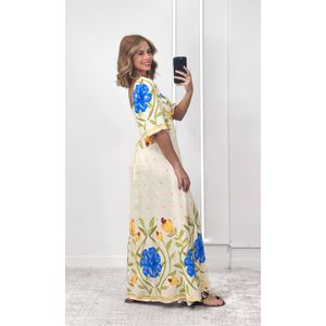 Vestido Manga Estampado - Bege/Amarelo/Azul