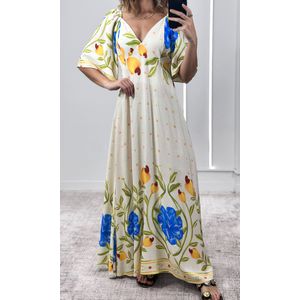 Vestido Manga Estampado - Bege/Amarelo/Azul