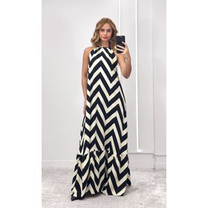 Vestido Amplo Frente Única Chevron - Bege/Preto