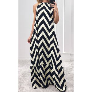 Vestido Amplo Frente Única Chevron - Bege/Preto