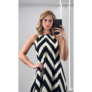 Vestido Amplo Frente Única Chevron - Bege/Preto