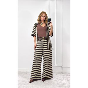 Conjunto Crochê Kimono e Calça - Marrom/Cru