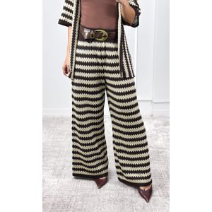 Conjunto Crochê Kimono e Calça - Marrom/Cru