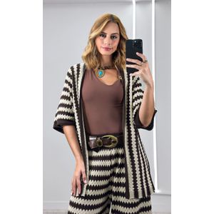 Conjunto Crochê Kimono e Calça - Marrom/Cru