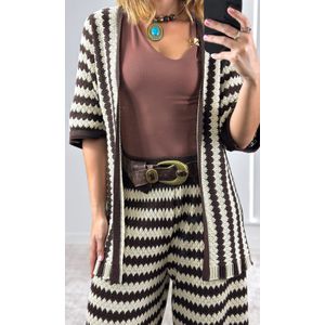 Conjunto Crochê Kimono e Calça - Marrom/Cru
