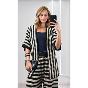 Conjunto Crochê Kimono e Calça - Preto/Cru