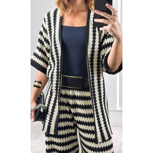 Conjunto Crochê Kimono e Calça - Preto/Cru