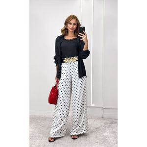 Calça Wide Leg Elástico Poá - Branco/Preto