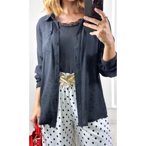 Calça Wide Leg Elástico Poá - Branco/Preto