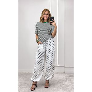Calça Wide Leg Elástico Poá - Branco/Preto