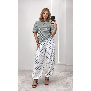 Calça Wide Leg Elástico Poá - Branco/Preto
