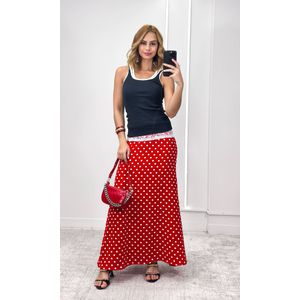 Saia Evase Elástico Poá - Vermelho/Branco