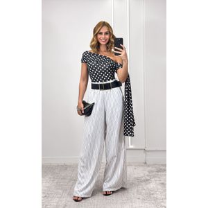 Calça Wide Leg Elástico Listrada - Branco/Preto