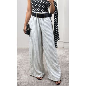 Calça Wide Leg Elástico Listrada - Branco/Preto