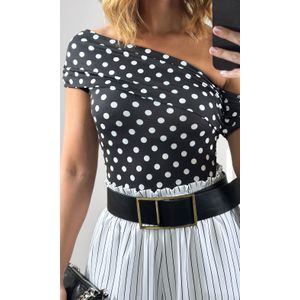 Calça Wide Leg Elástico Listrada - Branco/Preto