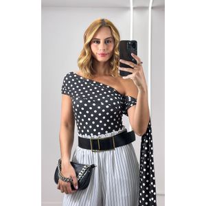 Calça Wide Leg Elástico Listrada - Branco/Preto