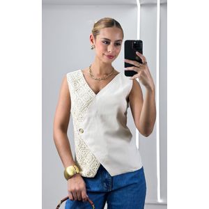 Colete Transpassado com Renda - Bege