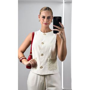 Calça reta Botão Marmorizado - Bege
