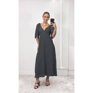 Vestido Evasê Manga Poá - Preto/Branco