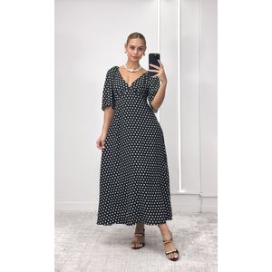 Vestido Evasê Manga Poá - Preto/Branco