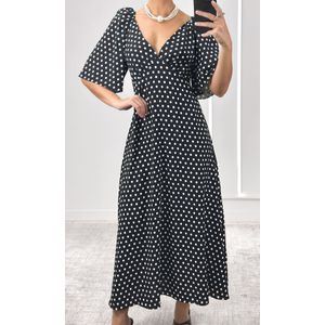 Vestido Evasê Manga Poá - Preto/Branco