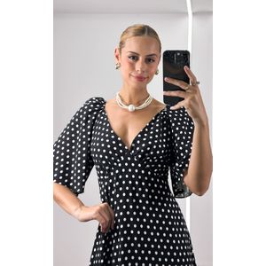 Vestido Evasê Manga Poá - Preto/Branco