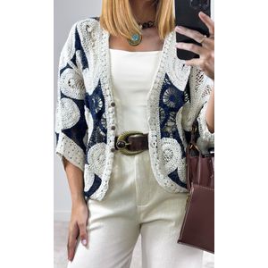Kimono Crochê Bicolor - Azul Marinho/Bege