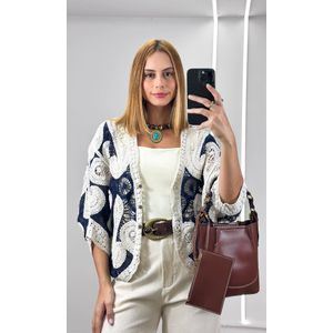 Kimono Crochê Bicolor - Azul Marinho/Bege