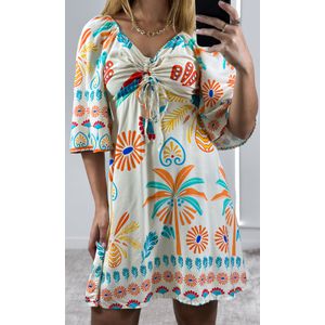 Vestido Curto Estampado Decote Franzido Manga - Bege Claro