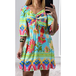 Vestido Curto Estampado Decote Franzido Manga - Azul Água