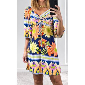 Vestido Curto Estampado Decote Franzido Manga - Azul Escuro