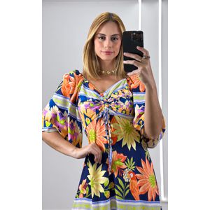 Vestido Curto Estampado Decote Franzido Manga - Azul Escuro