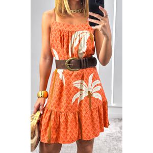 Vestido Viscolinho Reto Estampado - Laranja/Bege