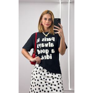 Saia Evase Elástico Poá Médio - Off/Preto