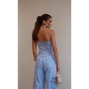 Macacão Jeans Utility sem Alça - Azul Claro