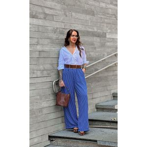 Calça Wide Leg Elástico Listrada - Azul Escuro/Branco