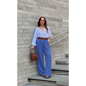 Calça Wide Leg Elástico Listrada - Azul Escuro/Branco
