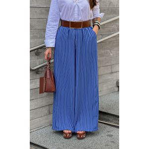 Calça Wide Leg Elástico Listrada - Azul Escuro/Branco