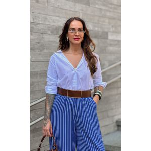 Calça Wide Leg Elástico Listrada - Azul Escuro/Branco