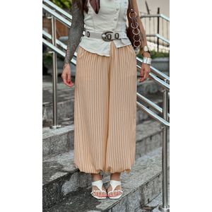 Calça Wide Leg Elástico Listrada - Amarelo/Branco